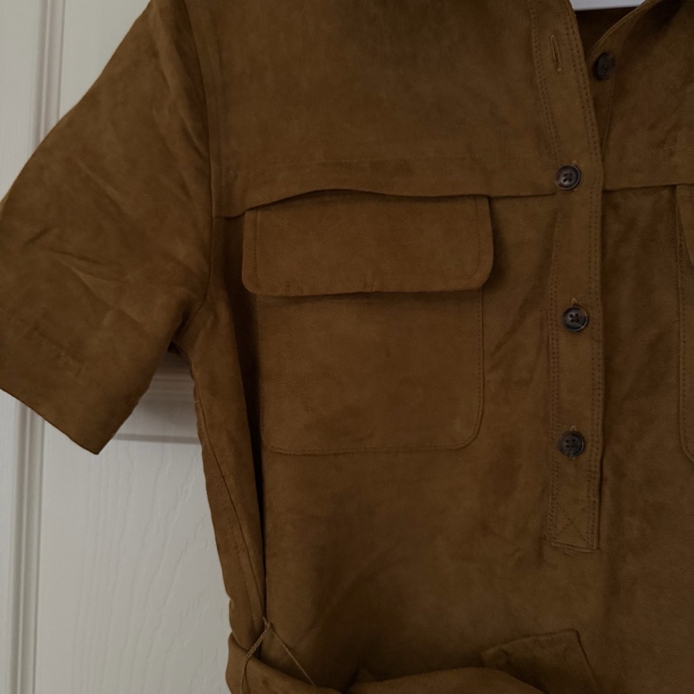 Banana Republic Vegan Suede Mini Shirtdress brown size medium tall collared - Picture 4 of 8
